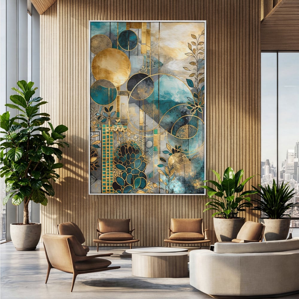 Tablou canvas cu compozitie abstracta cu forme geometrice si frunze, in rama de aluminiu argintiu, pe perete intr-un birou